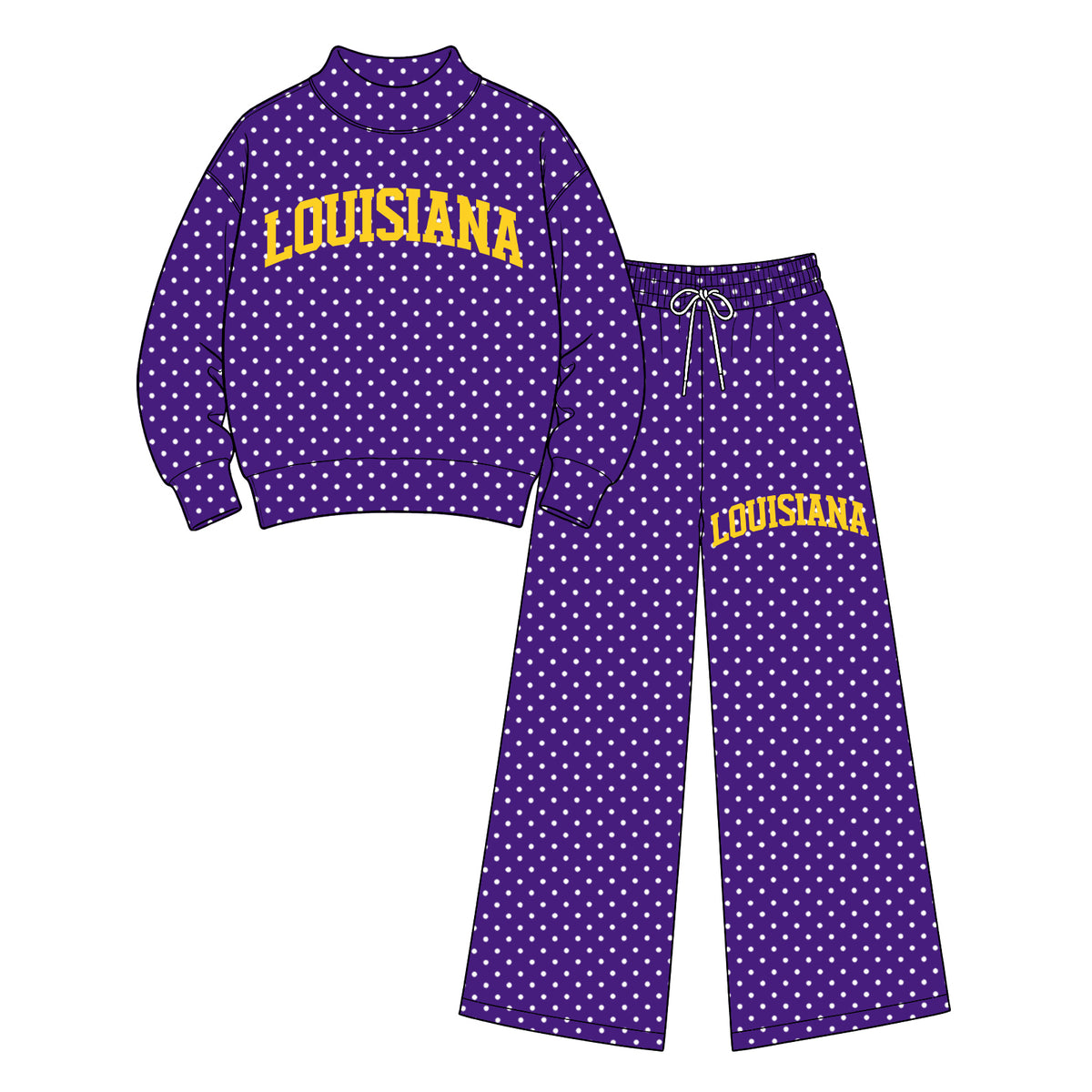 Preorder moq 5 Adult Women Team Lousiana Purple Mock Neck Top Pants Outfits Sets