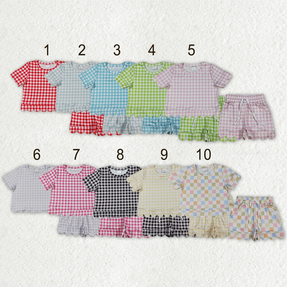 Sibling Baby Girls Colorful Checked Scallop Shirts Top Pockets Short Pajamas Clothes Sets