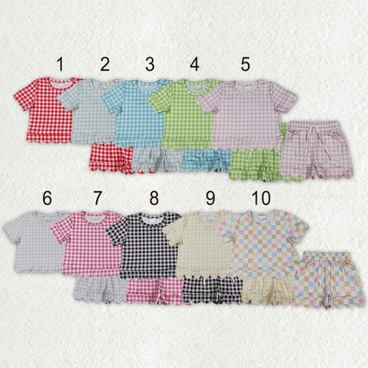 Sibling Baby Girls Colorful Checked Scallop Shirts Top Pockets Short Pajamas Clothes Sets