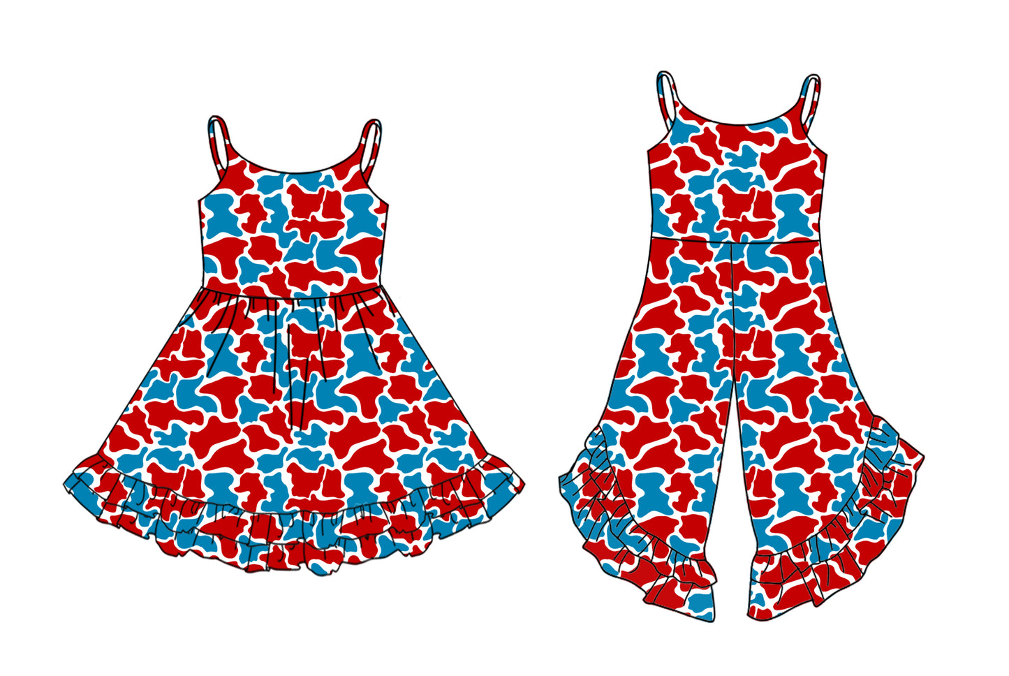 Preorder moq 5 Custom Baby Girls Strap Blue Red Camo Ruffle Knee Length Dress Jumpsuits