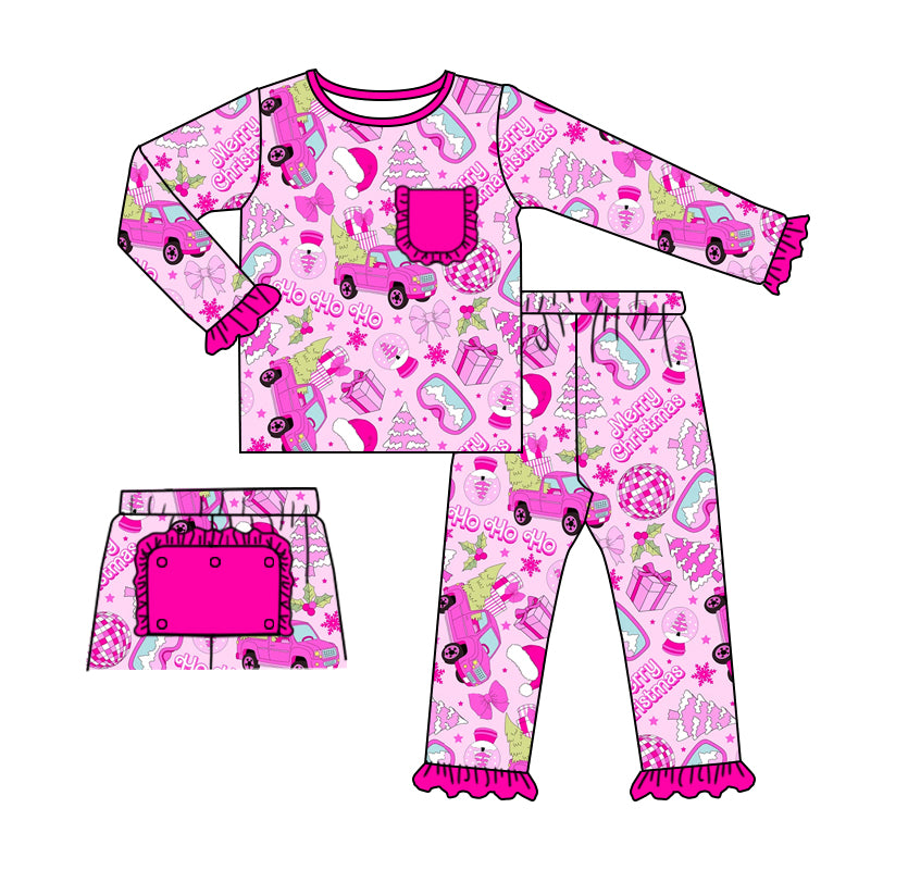 Baby Girls Pink Ruffle Christmas Tree Shirt Top Pants Pajamas Clothes Sets Preorder(moq 5)