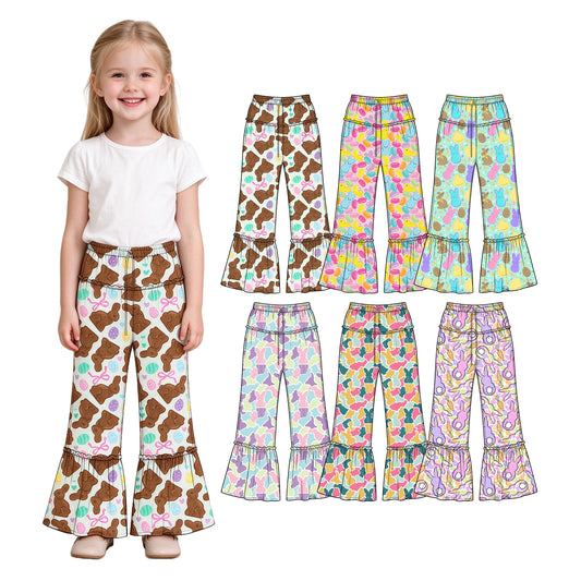 Preorder (moq 5) Baby Girl Clothes Easter Bunny Carrot Sketch Print Ruffle Waist Ruffle Hem Flare Pants