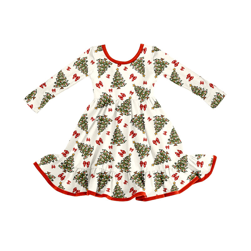 Preorder (moq 5)Baby Girls Christmas Trees Bows Ruffle Knee Length Dresses
