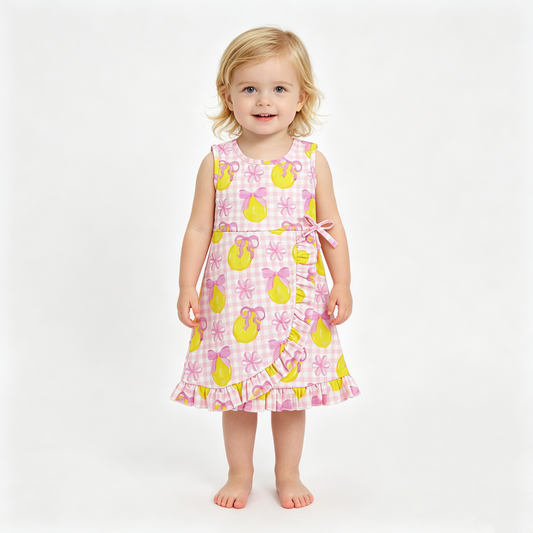 Baby Girls Pink Checked Bows Lemons Yoga Active Shorts Ruffle Knee Length Dress