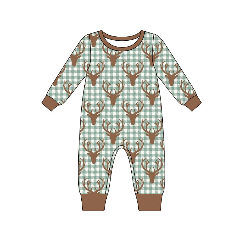 Baby Boys Checkered Deer Hunting Long Sleeve Rompers Preorder(moq 5)