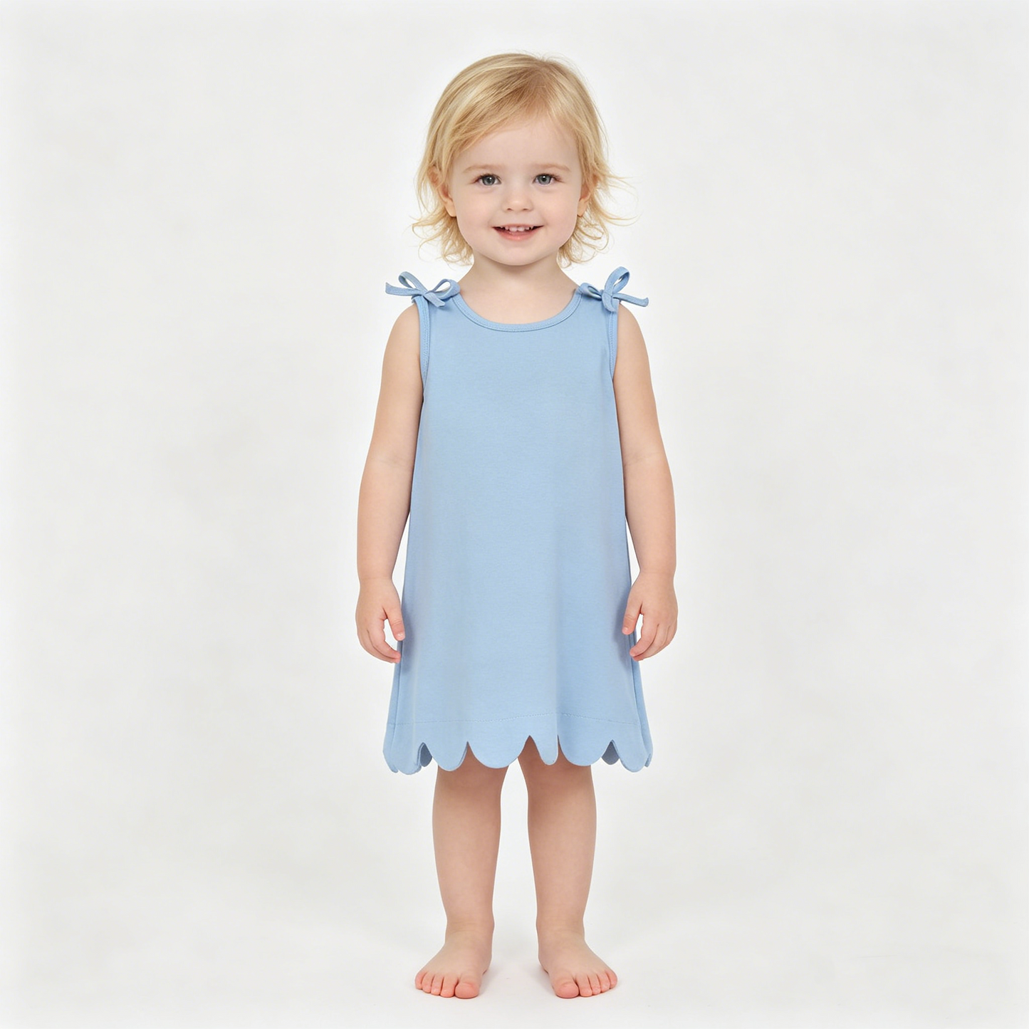 Baby Girls Bows Sleeveless Light Blue Cotton Scallop Knee Length Dresses