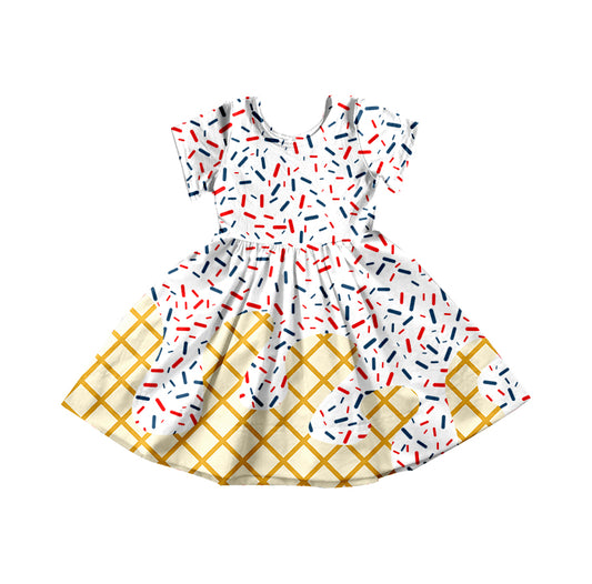 Preorder moq 5 Baby Girls White Red Navy Ice Cream Drips Sprinkles Knee Length Dresses