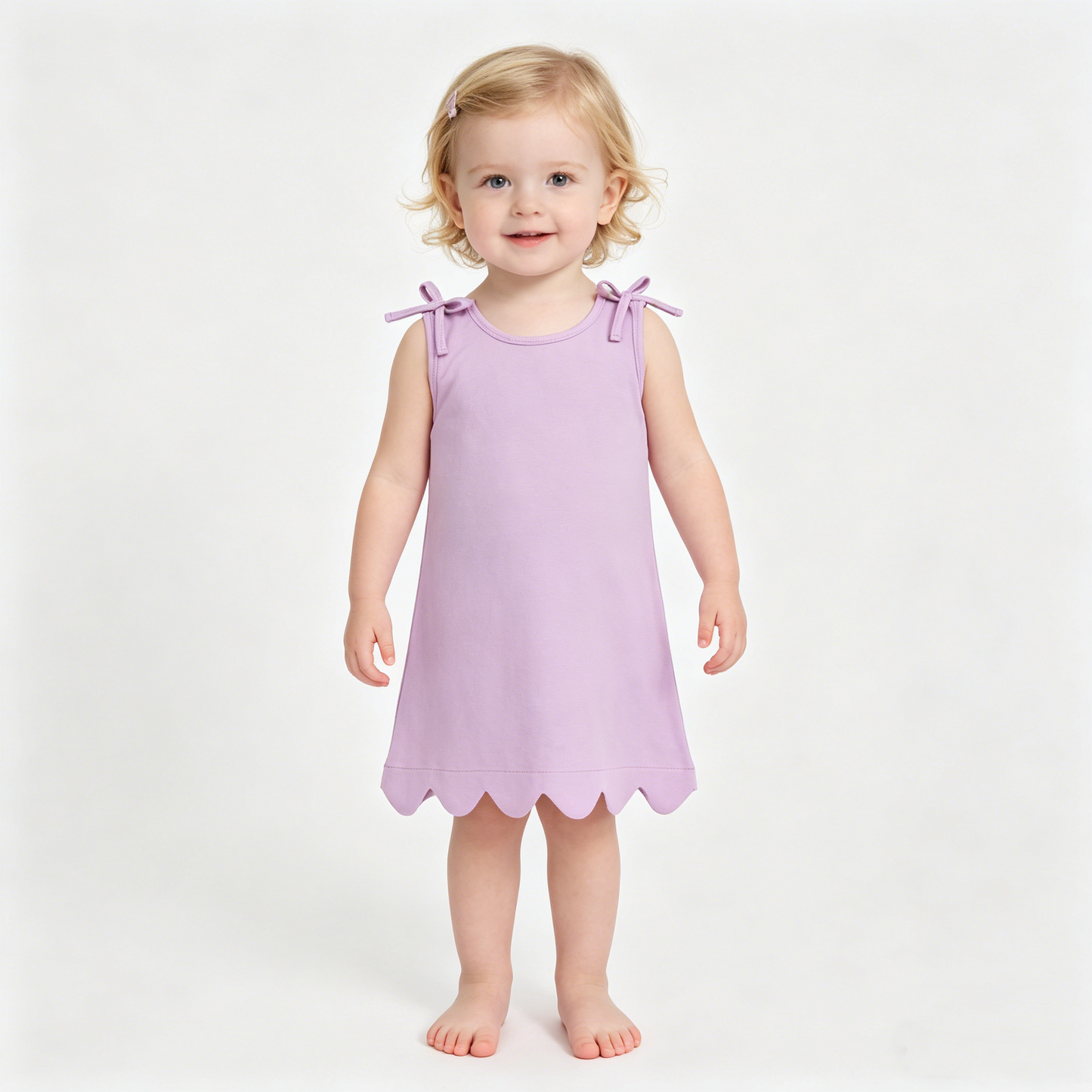 Baby Girls Pink Sleeveless Bows Cotton Scallop Knee Length Dresses