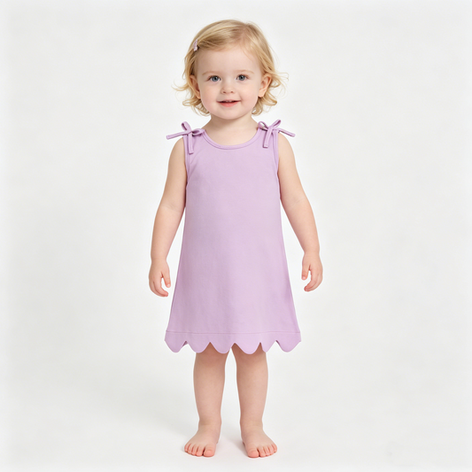 Baby Girls Pink Sleeveless Bows Cotton Scallop Knee Length Dresses