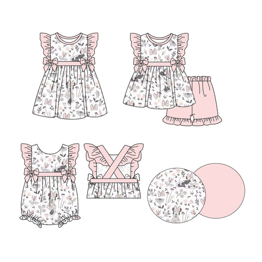 Preorder moq 5 Custom Baby Girls Cartoon Mouse Floral Tunic Pink Ruffle Short Sets Knee Length Dress Rompers