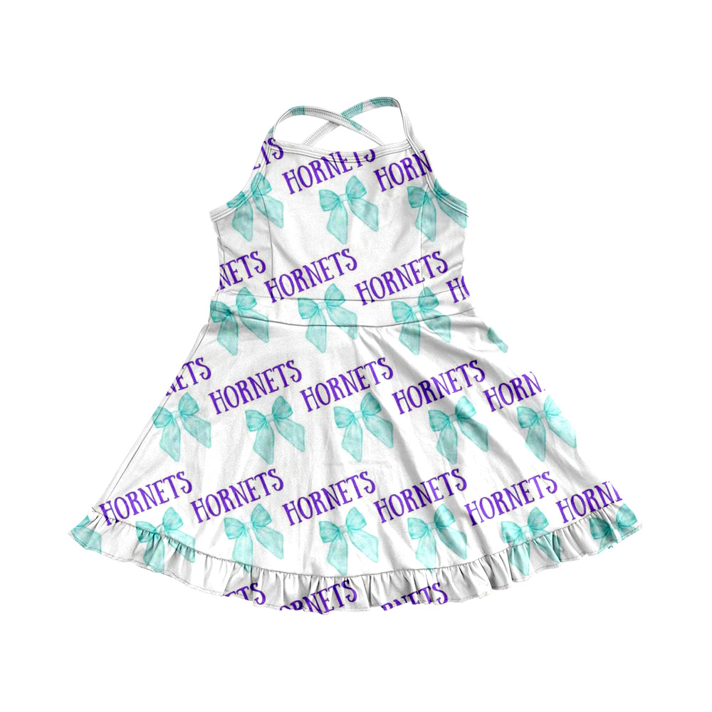 Preorder moq 5 Baby Girls Strap Bows Hormets Shorts Team Yoga Active Knee Length Dress Preorder