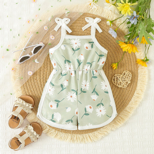 Baby Girls Green Daisy Flowers Milk Silk Shorts Jumpsuits preorder(moq 5)