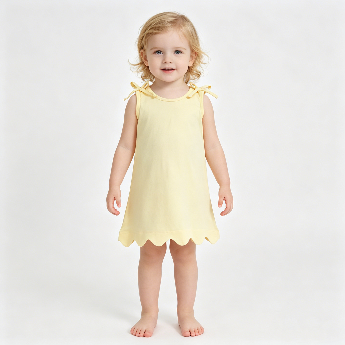 Baby Girls Bows Sleeveless Light Yellow Cotton Scallop Knee Length Dresses