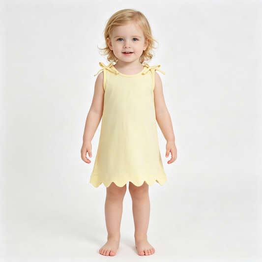 Baby Girls Bows Sleeveless Light Yellow Cotton Scallop Knee Length Dresses