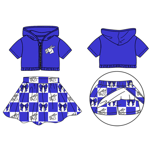 Preorder (moq 5)Baby Girls Blue Bows Mules Zip Hoodie Jackets Skirt Short Team Clothes Sets