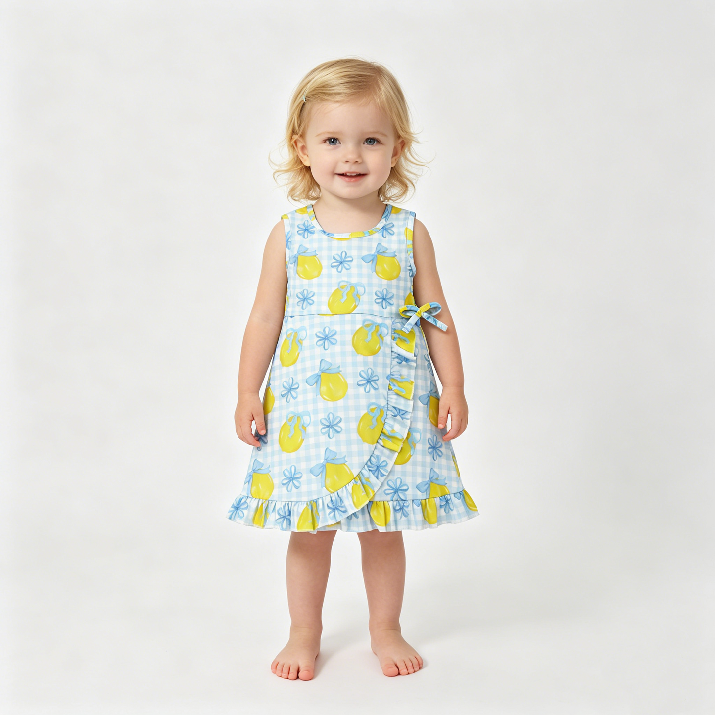 Baby Girls Blue Checked Bow Lemons Back Zip Yoga Active Shorts Ruffle Knee Length Dress