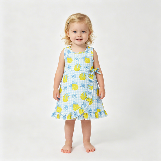 Baby Girls Blue Checked Bow Lemons Back Zip Yoga Active Shorts Ruffle Knee Length Dress