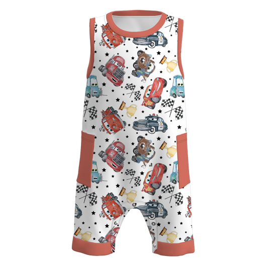 Baby Boys Racing White Cars Pocket Sleeveless Rompers preorder(moq 5)