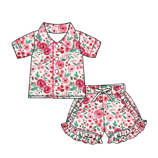 Baby Girls Red Flowers Buttons Top Ruffle Shorts Pajamas Sets preorder(MOQ 5)