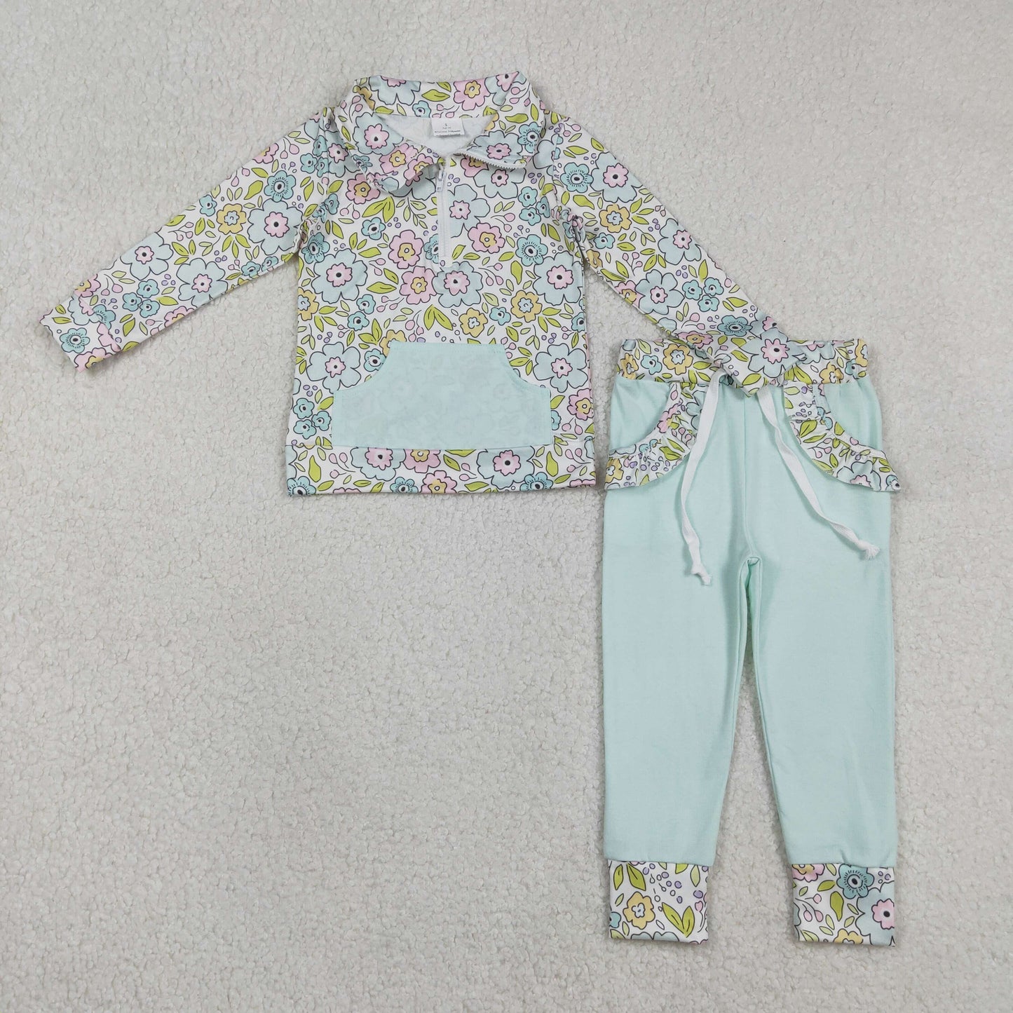 Baby Girls Colorful Flowers Zip Pocket Pullovers Joggers Clothes Sets