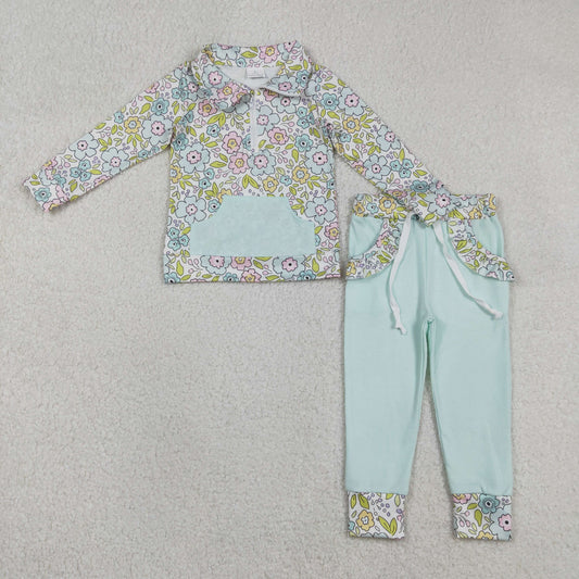 Baby Girls Colorful Flowers Zip Pocket Pullovers Joggers Clothes Sets