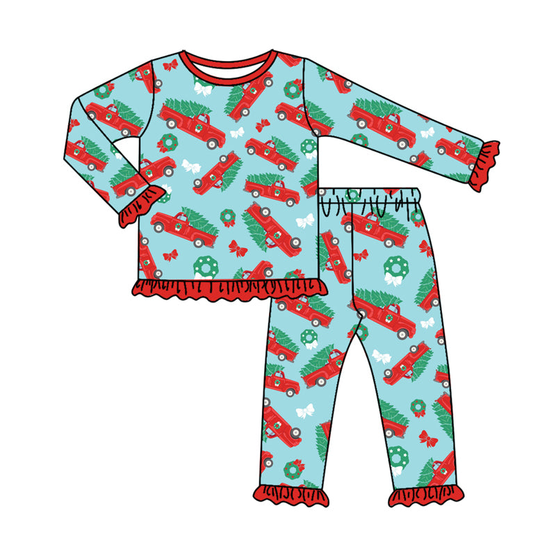 Preorder(moq 5) Baby Girls Christmas Trucks Bows Top Pants Lounge Wear Pajamas Sets