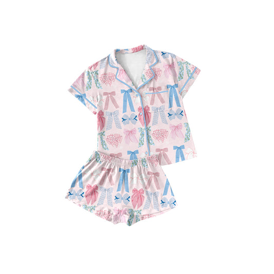 Preorder(MOQ 5) Baby Girls Pink Bows Singer Button Top Shorts Pajamas Clothes Sets