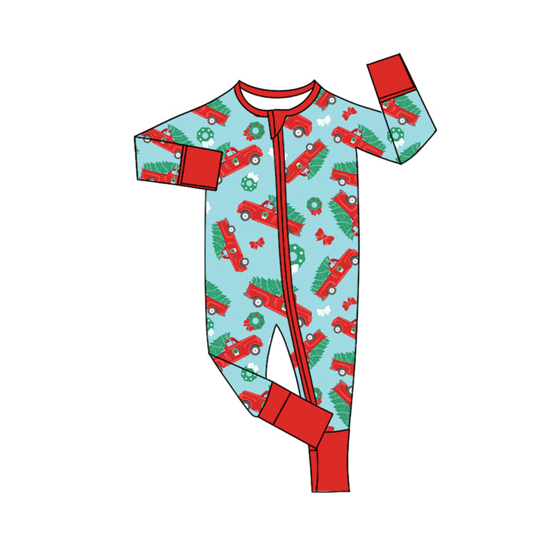 Preorder(moq 5)Baby Infant Christmas Trucks Bows Zipper Footie Rompers