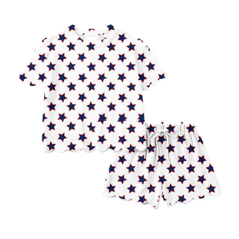 Preorder (moq 5)Baby Girls Red Blue Stars Plaid Top Scallop Shorts 4th of July Clothes Sets