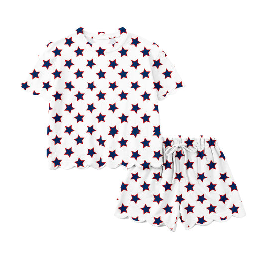 Preorder (moq 5)Baby Girls Red Blue Stars Plaid Top Scallop Shorts 4th of July Clothes Sets