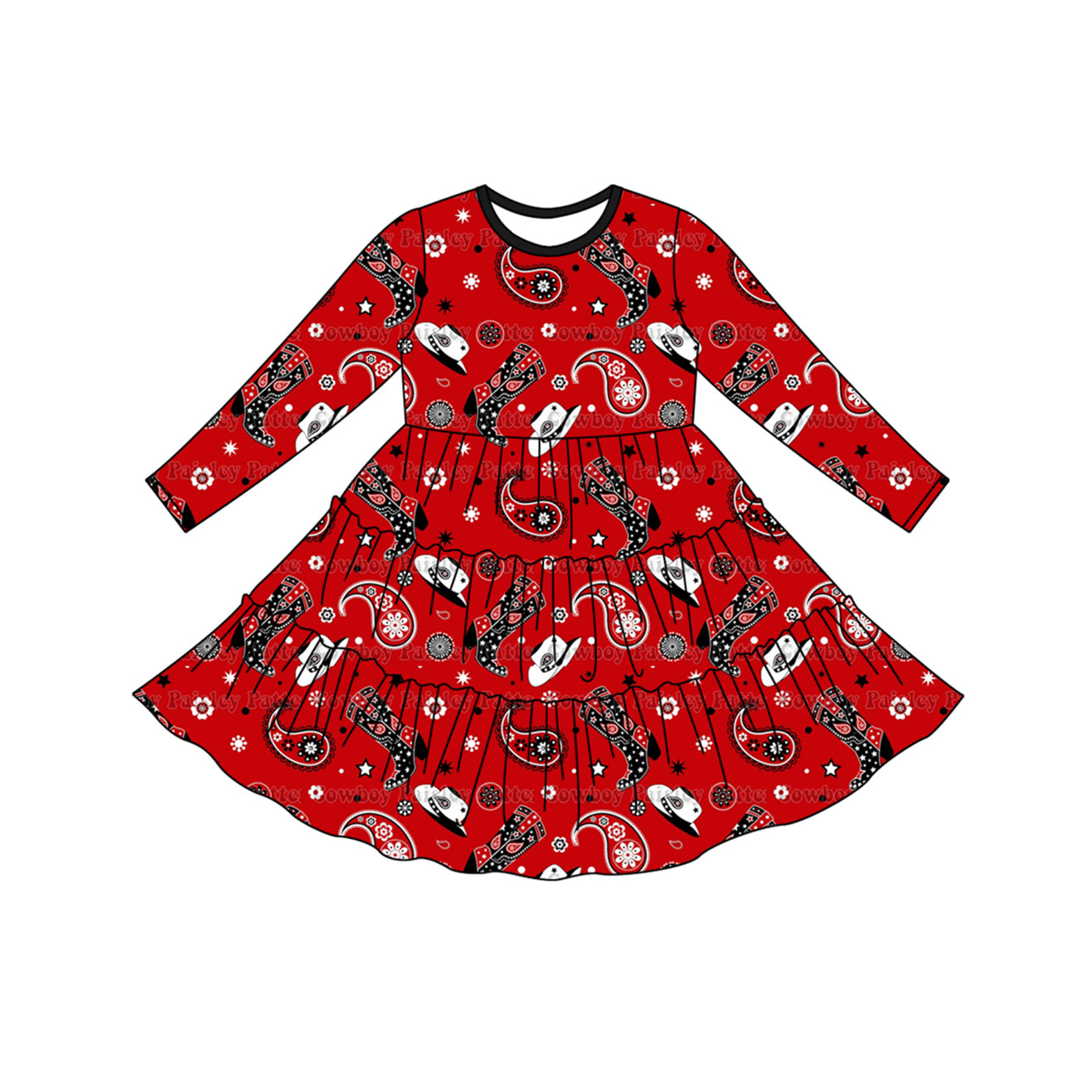 Baby Girls Western Boots Paisley Long Sleeve Knee Length Dresses Preorder(moq 5)