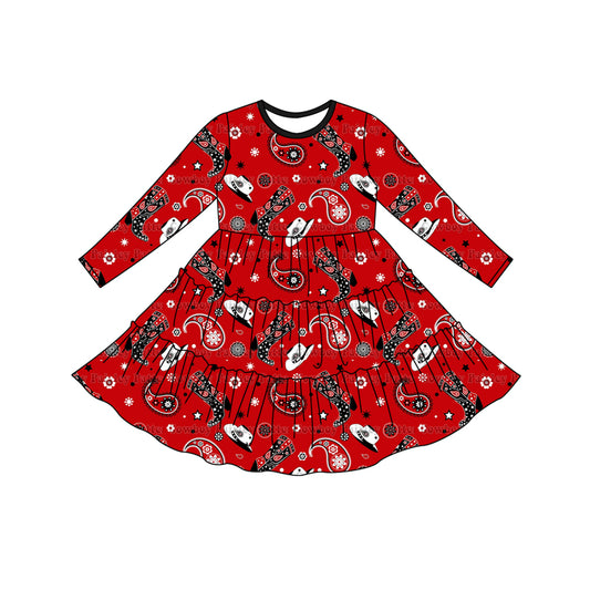 Baby Girls Western Boots Paisley Long Sleeve Knee Length Dresses Preorder(moq 5)