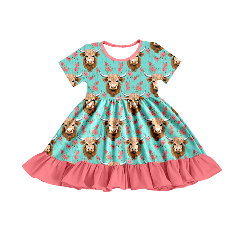 Baby Girls Highland Cow Pink Flowers Summer Ruffle Knee Length Dresses preorder(moq 5)