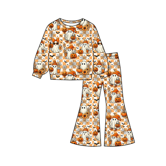 Preorder (moq 5)Baby Girls Ghosts Pumpkins Top Flare Pants Halloween Clothes Sets