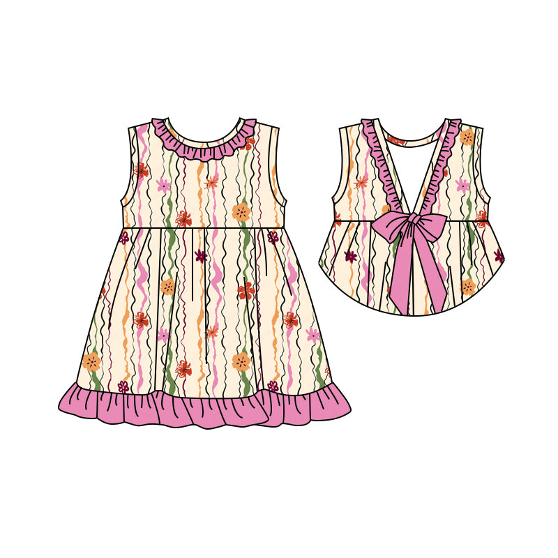 Preorder (moq 5)Baby Girls Sleeveless Pink Flowers Stripe Knee Length Dress