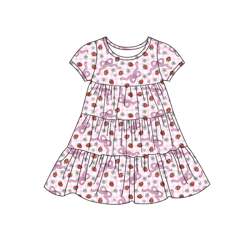 Preorder(moq 5) Baby Girls Bows Strawberry Checked Patchwork Ruffle Knee Length Dresses