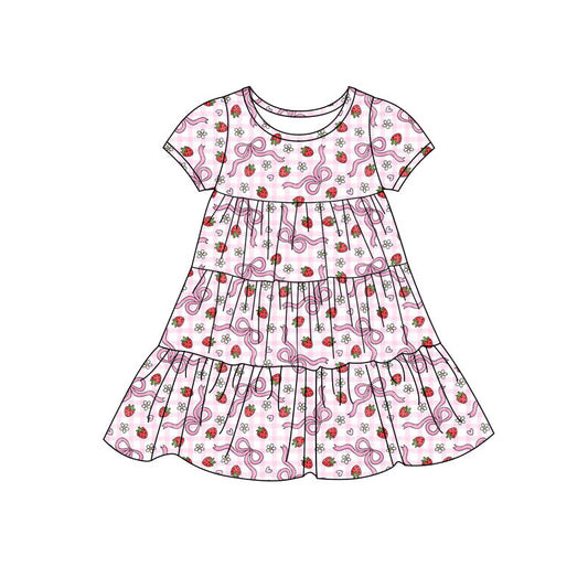 Preorder(moq 5) Baby Girls Bows Strawberry Checked Patchwork Ruffle Knee Length Dresses