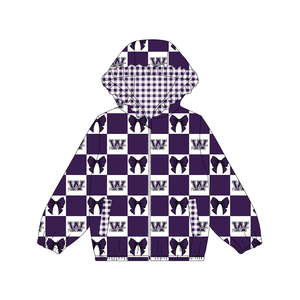 Preorder (moq 5)Baby Girls Purple Bows Checked Walhalla Zip Pockets Team Ruffle Hoodies Top