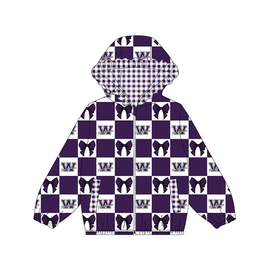 Preorder (moq 5)Baby Girls Purple Bows Checked Walhalla Zip Pockets Team Ruffle Hoodies Top
