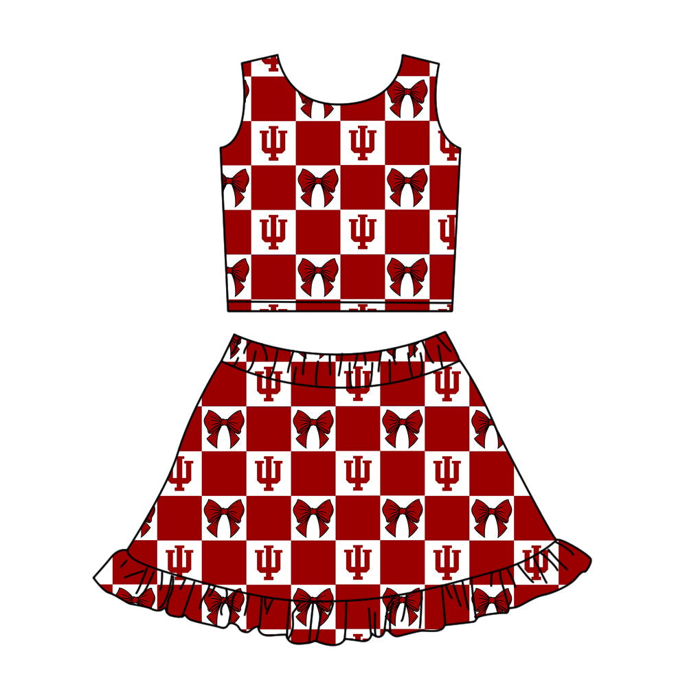 Preorder (moq 5)Baby Girls Red Kokomo Bows Checked Vest Ruffle Skirt Short Team Clothes Sets