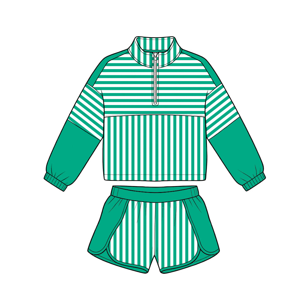 Preorder (moq 5)Baby Girls Long Sleeve Green Stripe Zip Pullovers Short Clothes Set