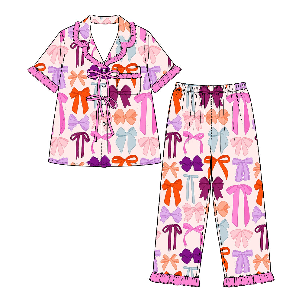 Preorder (moq 5) Baby Girl Clothes Retro Multi Tone Bow Mixed Print Short Sleeve Ruffle Pajama Set