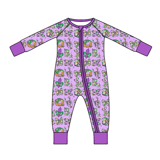 Preorder (moq 5) Baby Girl Clothes Mardi Gras Crawfish King Cake Bow Mixed Print Long Sleeve Zipper Romper