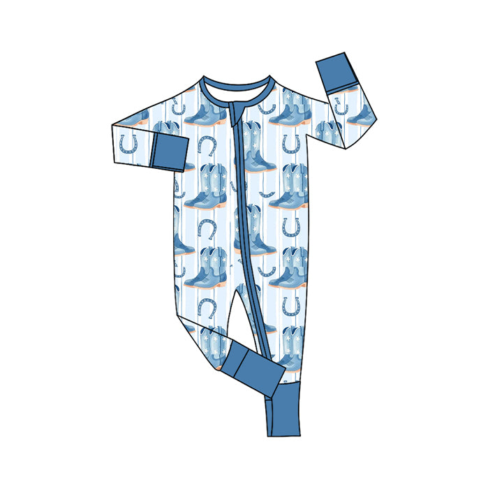 Preorder (moq 20)Baby Boys Bamboo Blue Stripe Stars Boots Western Two Way Zip Convertible Rompers