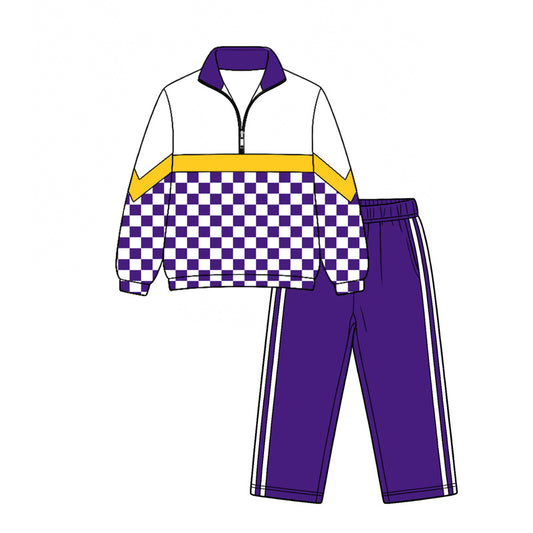 Preorder (moq 5)Baby Boys Purple Checked Zip Pullover Top Pant Team Clothes Sets