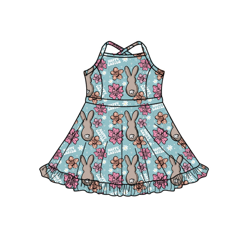 Preorder (moq 5)Baby Girls Strap Flower Rabbits Happy Easter Shorts Ruffle Knee Length Dresses