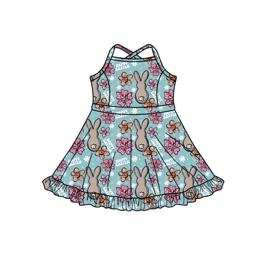 Preorder (moq 5)Baby Girls Strap Flower Rabbits Happy Easter Shorts Ruffle Knee Length Dresses