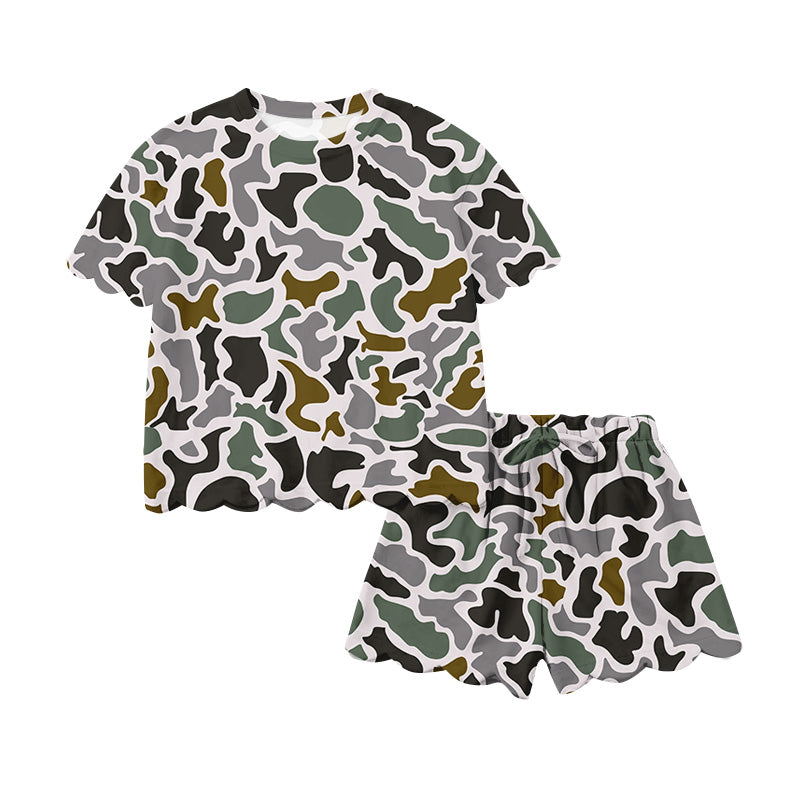 Preorder (moq 5)Baby Girls Southern Grey Green Camo Top Scallop Shorts Clothes Sets