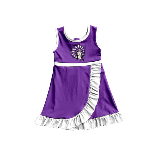 Preorder (moq 5)Baby Girls Purple Sleeveless Vikings Short Team Ruffle Knee Length Dresses