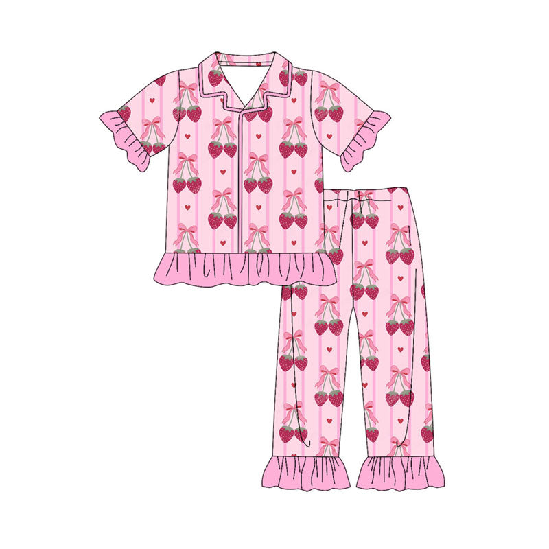 Preorder(moq 8)Baby Girls Bows Strawberry Hearts Stripe Top Ruffle Pants Pajamas Sets